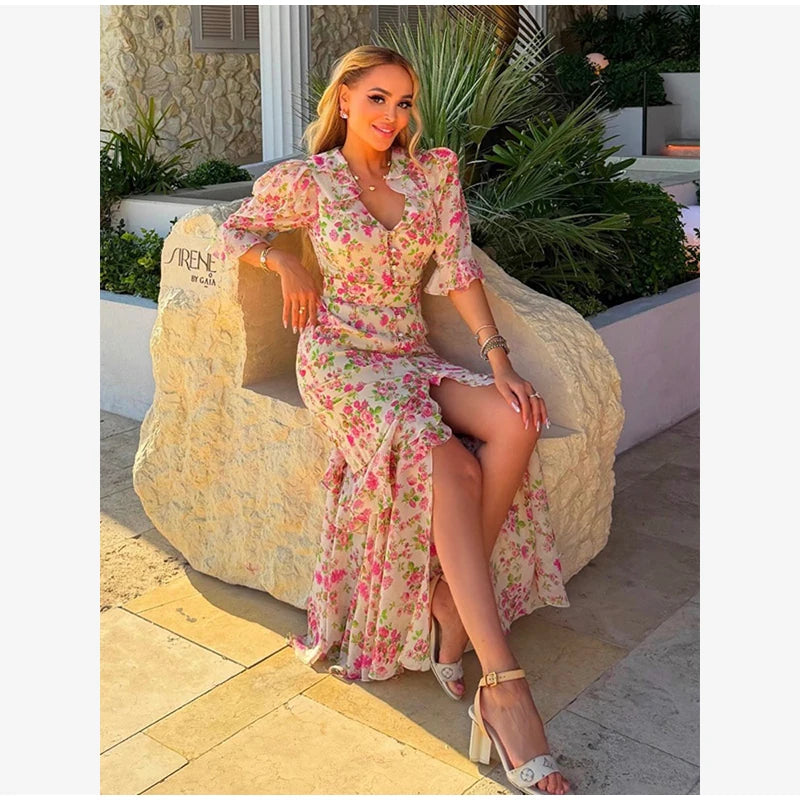 Women White Floral Print Maxi Dress V Neck Puff Sleeve Peplum Waist Fishtail Hem Chiffon Robe Elegant Party Wedding Guest Gown