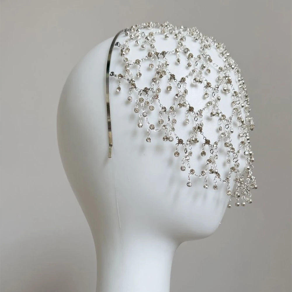 Fashion Round Crystal Mesh Forehead Headband Wedding for Women Handmade Bridal Hollow Rhinestone Hair Chain Hat Boho Accessories