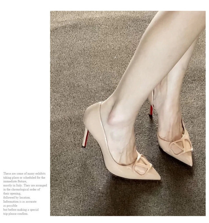 European Banquet Pointed V-Buckle High Heels Thin Heel Patent Leather Side Air Quality Women's Shoes Fashionable And Elegant