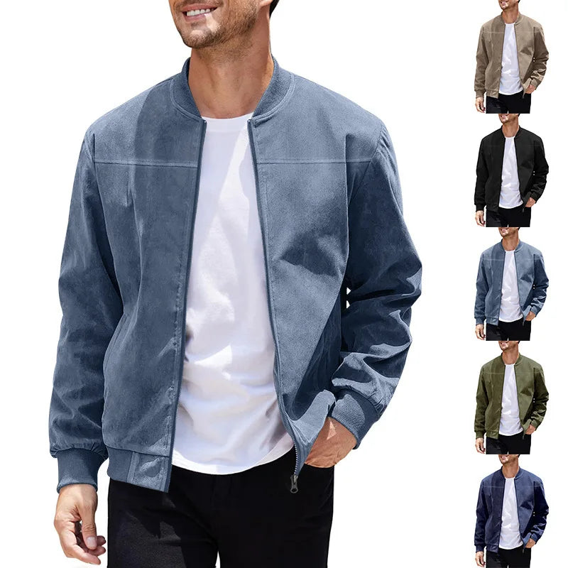 Men's Business Casual Suede Jacket Zipper Collar Warm Sporty Outerwear Polyester Fabric Long Sleeve round Hem Knitted Sleeve