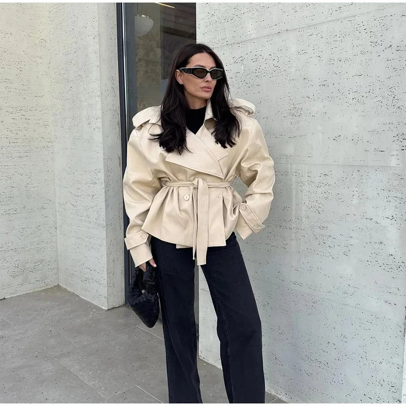 Women's Coat 2026 Spring New Style Solid Color Long Sleeve Belted Short Trench Coat European and American Personalized Fashion
