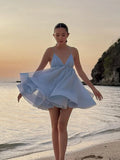 2025 Sexy Backless Lace Up Women's Sling Mini Dress Chic Solid High Waist Loose Pleated Hem Vestido Lady Summer Party Beachwear