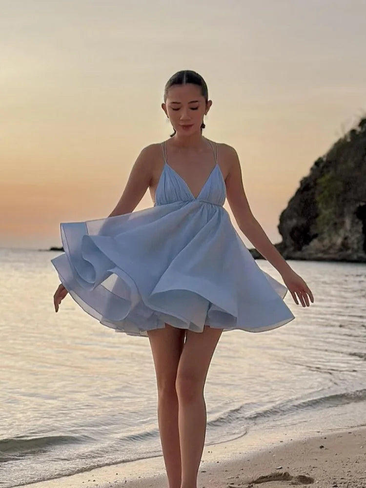 2025 Sexy Backless Lace Up Women's Sling Mini Dress Chic Solid High Waist Loose Pleated Hem Vestido Lady Summer Party Beachwear