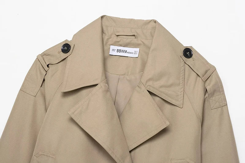 Women's Fashion Double Breasted Short Trench Coat Turn-down Collar Long Sleeve Coats Vintage Female Outerwear Chic Tops
