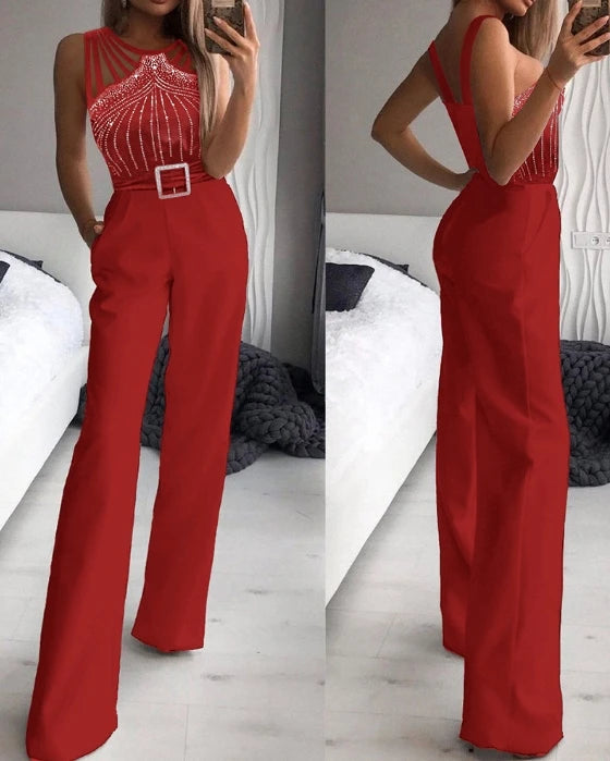 Elegant Party Jumpsuit for Women Round Neck Office Multi Strap Sleeveless Rhinestone Bootcut High Waist Wide Leg Pocket Overall