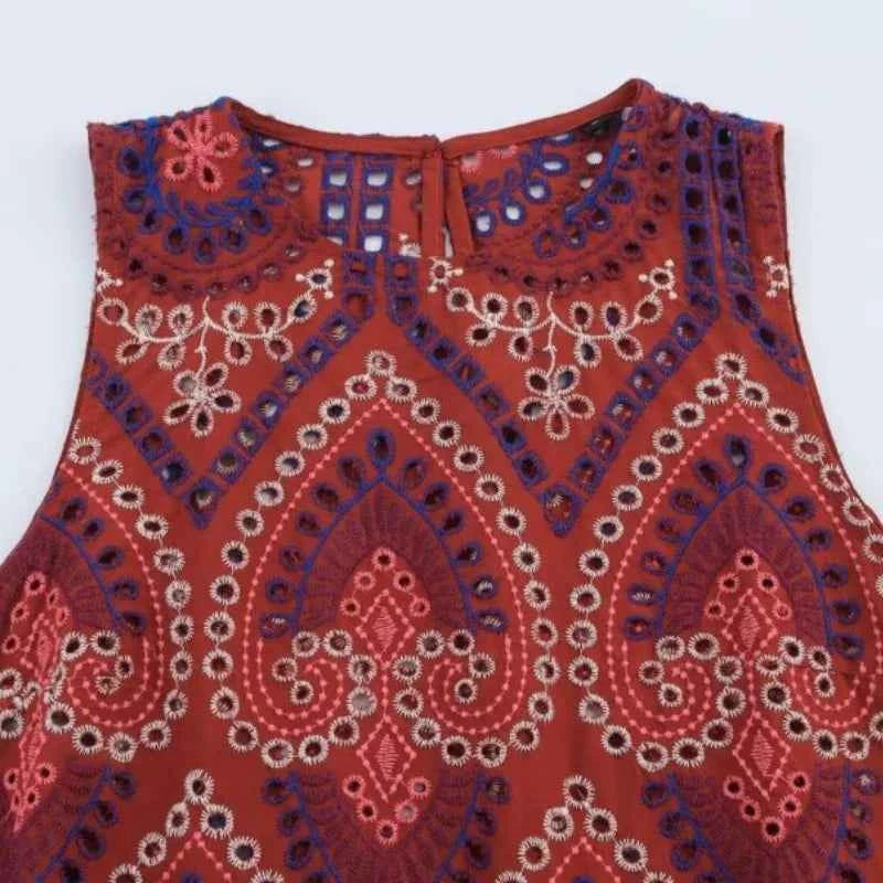 Women’s Summer Exotic Style Sleeveless Set Symmetric Pattern Ruffle Top Matching Pleated Skirt Comfortable Outfit Limited Stock