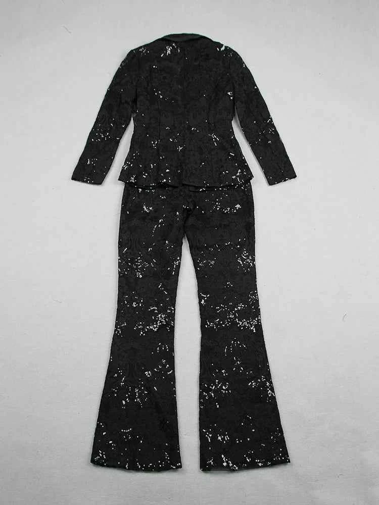 HIGH STREET Newest 2026 Designer Runway Suit Set Women's Single Button Guipure Lace Blazer  Flare Pants Set