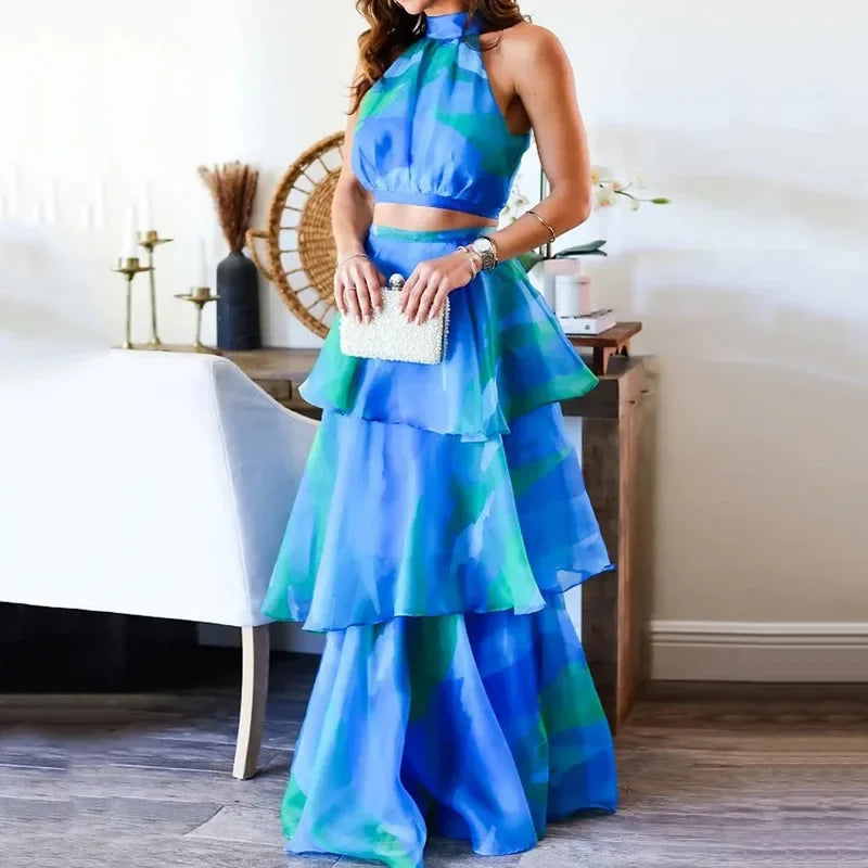 Cake Skirt Set Women Dress Sets Two Piece Sets Sexy Print Sleeveless Short Tops Elegant Splice High Waist A Line Long Skirts