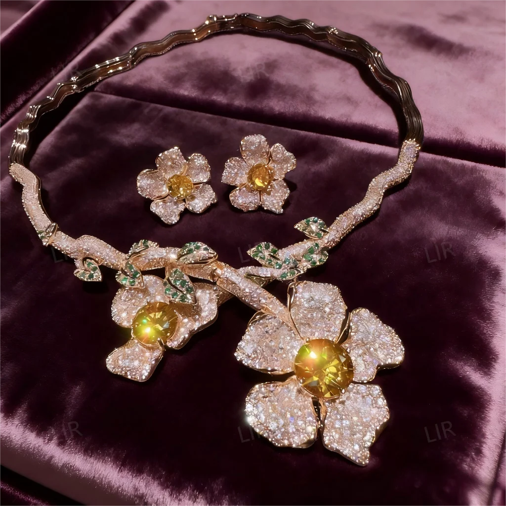 LIR Austrian Retro Jewelry Set: Floral Gem Vine Necklace, Prosperous Flower Zircon Earrings, Custom for Women
