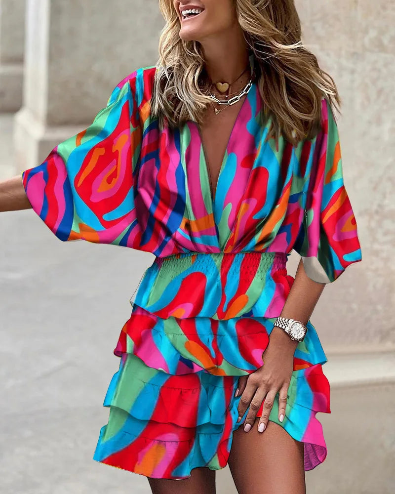 Print  Cross-border independent station fashion classic explosive autumn bat sleeve V-neck hemline irregular dress women's dress