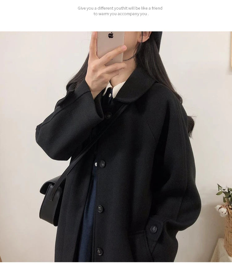 Autumn Winter Korean Style Loose Woolen Coat 2025 Slimming Knee-Length Tweed Women's Mid-Length Elegant Outerwear