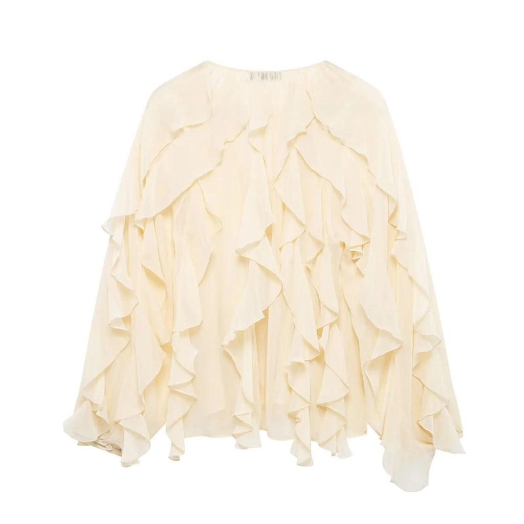 Camisa feminina casual com babados, solta, com cadarço, decote em V, blusas femininas para primavera de 2025