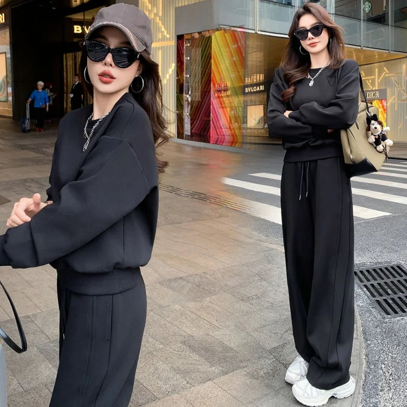 Loose Casual Fashion Sportswear Set for Women plus Size Autumn 2025 Trendy Sweatshirt Wide Leg Pants Two Piece Set