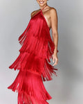 Fashion Neck Fringed Backless Slit Dress for Women