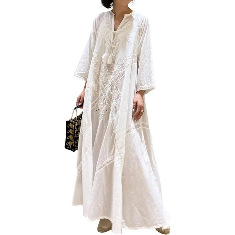 Elegante Vestido de Camisa Sólida Feminino Primavera Vestido de Verão Reto Vestidos Longos Manga Lanterna Maxi Vestidos Feminino Decote Em V Robe