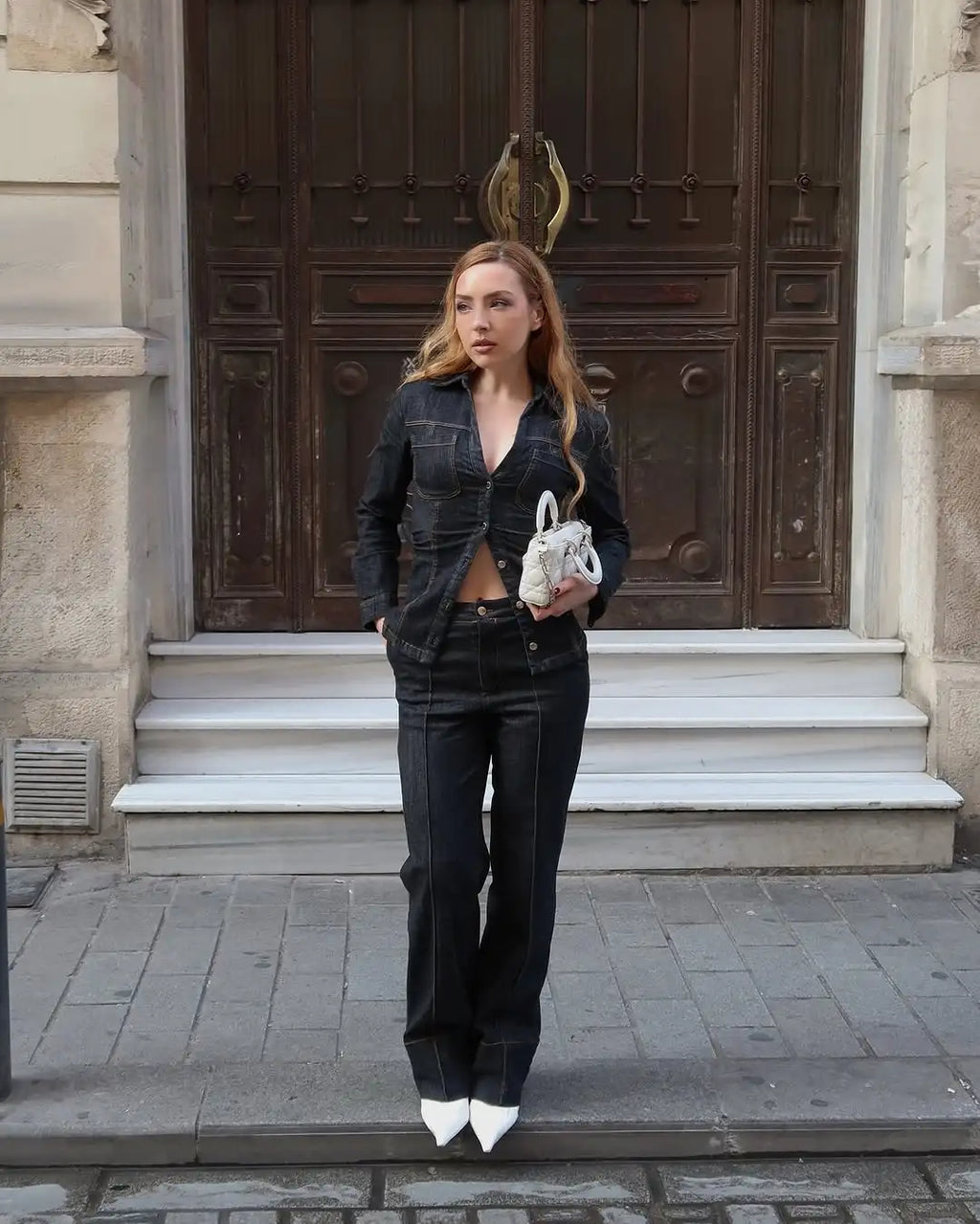 Women Fashion Denim Solid Top High Waist Pants Suits Casual Single Breasted Lapel Neck Shirts Pant Set Spring Lady Street Wear