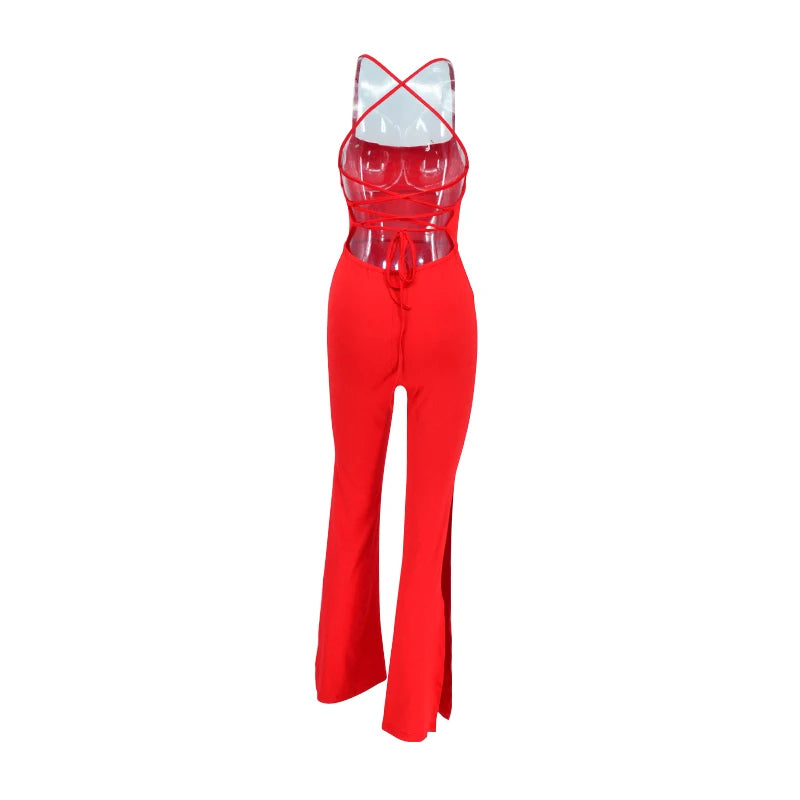 Women New Summer Elegant Jumpsiuits Sexy Backless Sling Slim Streetwear Bandage Halter Sleeveless Split Long Jumpsiuits Clothing