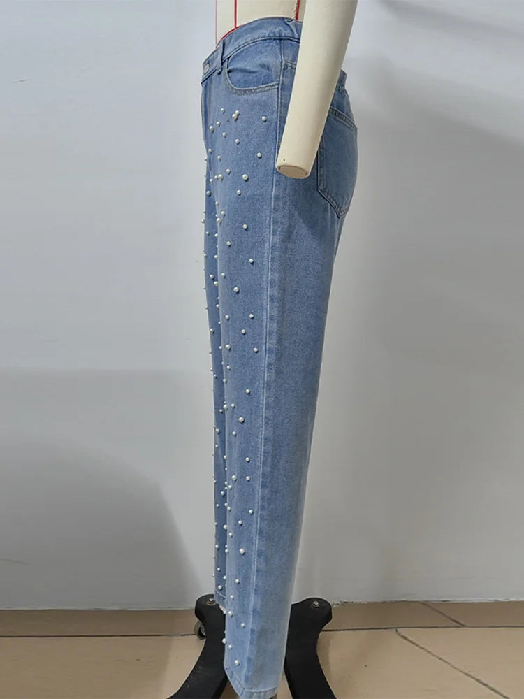 Calça jeans feminina moderna de cintura alta com perna reta e design chique de contas cravejadas, calça feminina casual e moderna de rua
