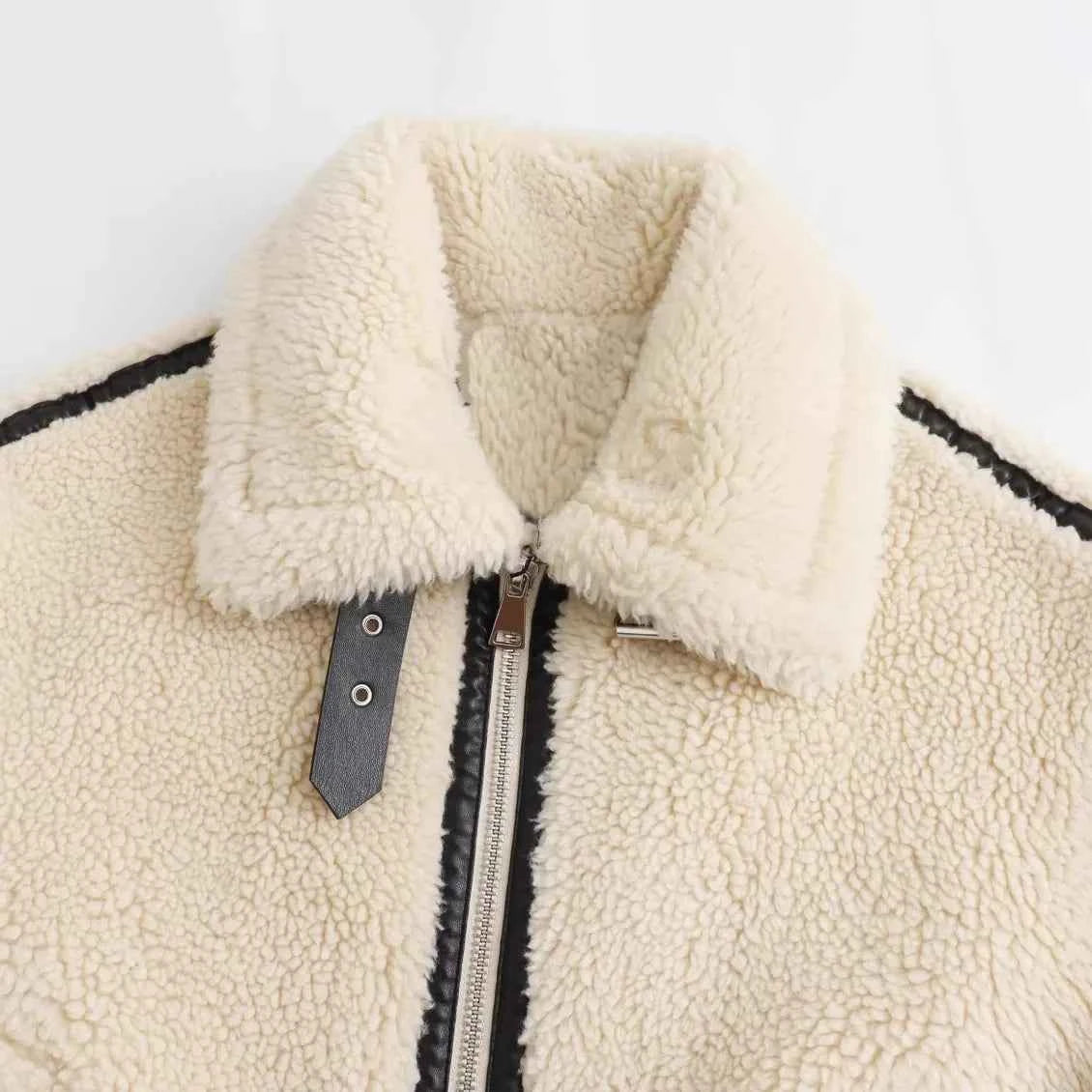 JNLEAOG Autumn New Fashionable Furry Motorcycle Style Coat Long Sleeve Street Style Women's Cotton Jacket