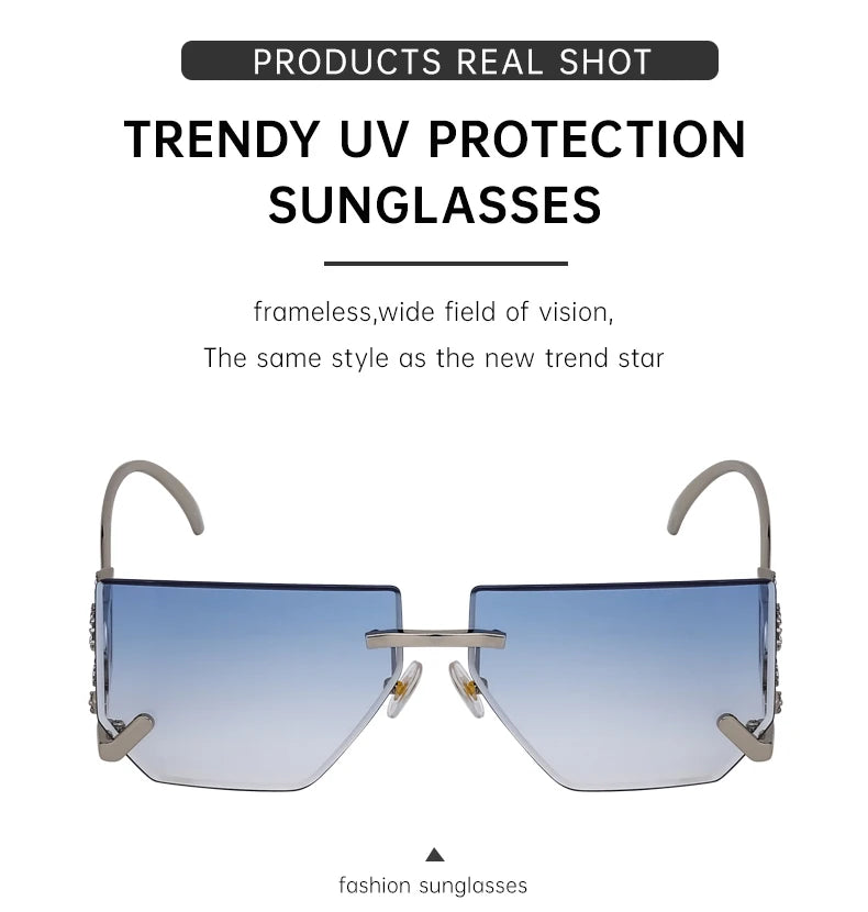 Óculos de sol quadrados sem aro punk femininos, armação de metal, design de marca de luxo, óculos retrô para mulheres, proteção UV400, 2025