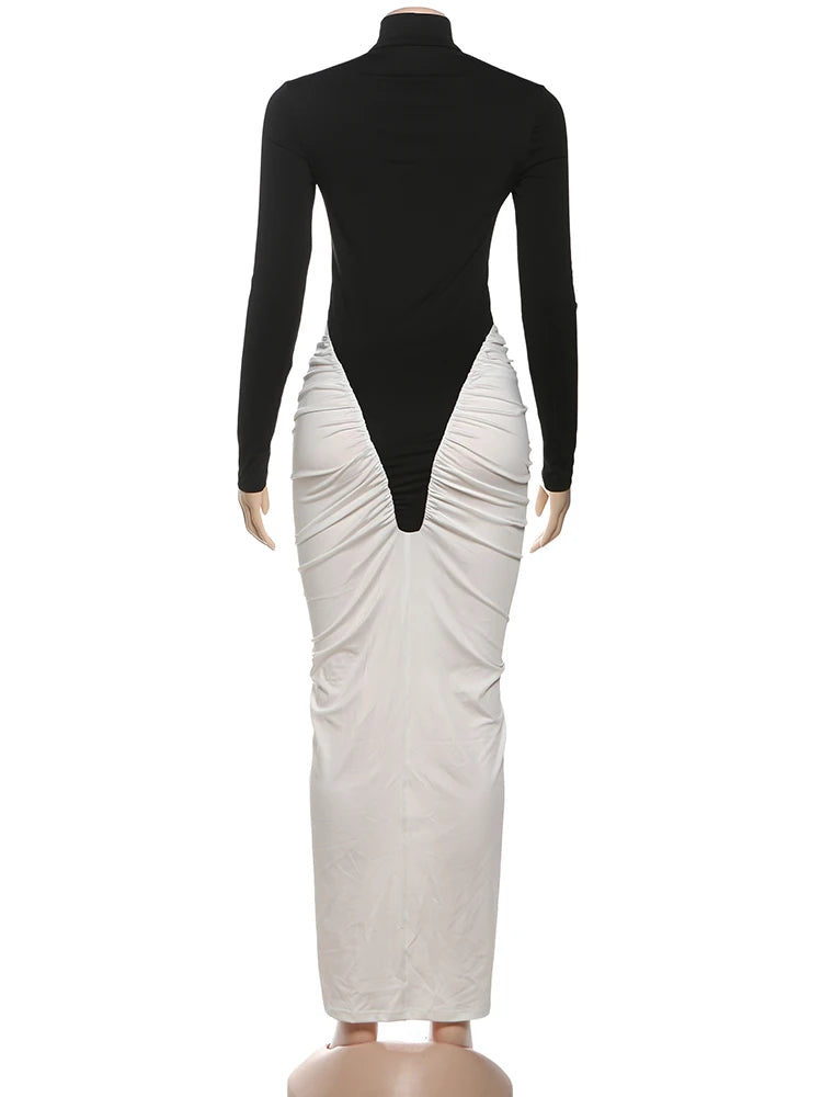 Sisterlinda Ruched Patchwork Dress Women Full Sleeve Color Block Peach Hip Elegant Sexy Simple Evening Stretch Skinny Bodycon