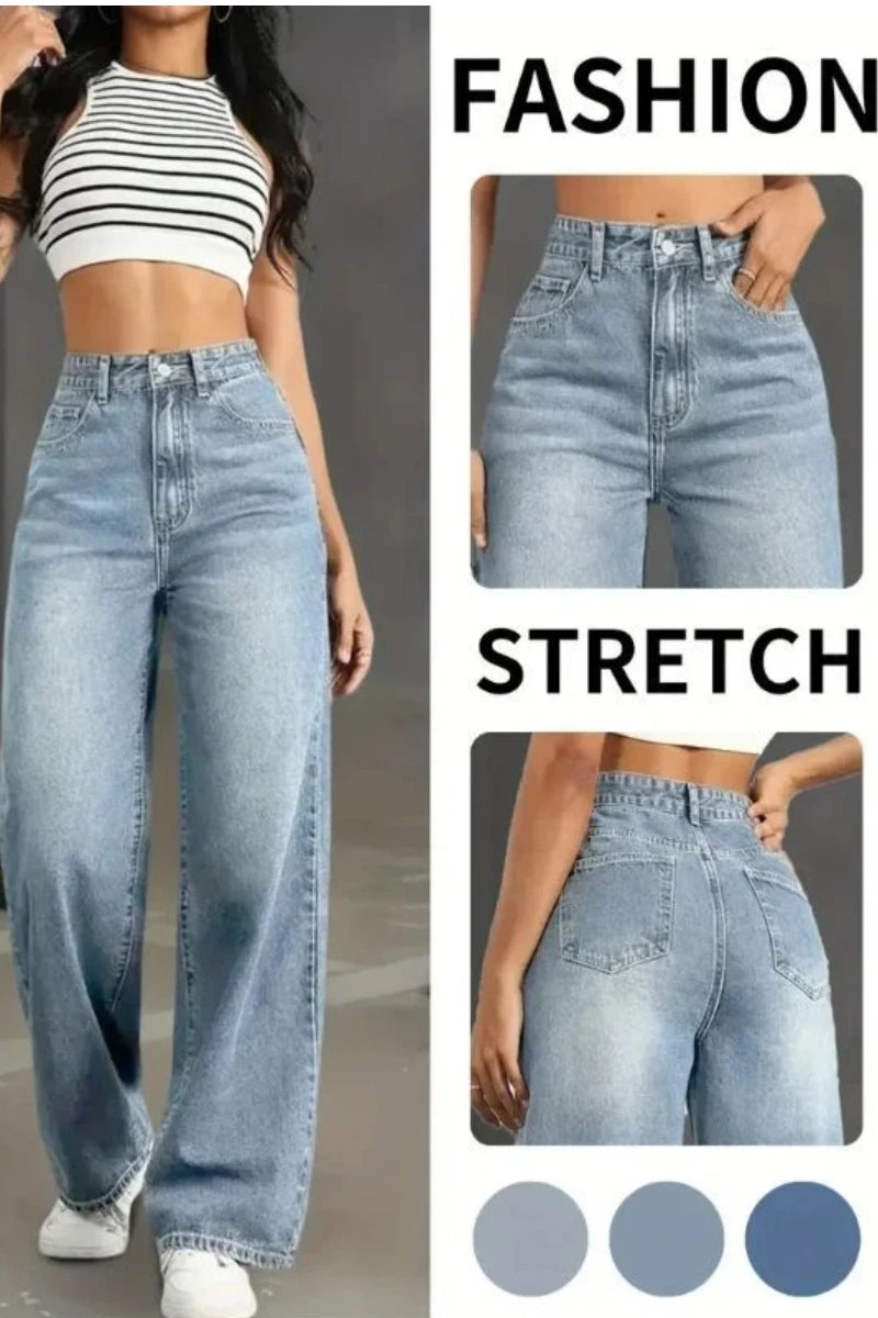 Classic Blue Y2K Jeans for Women Straight Leg Stretchy Denim Trousers Simple Design Retro Style Elastic Waist