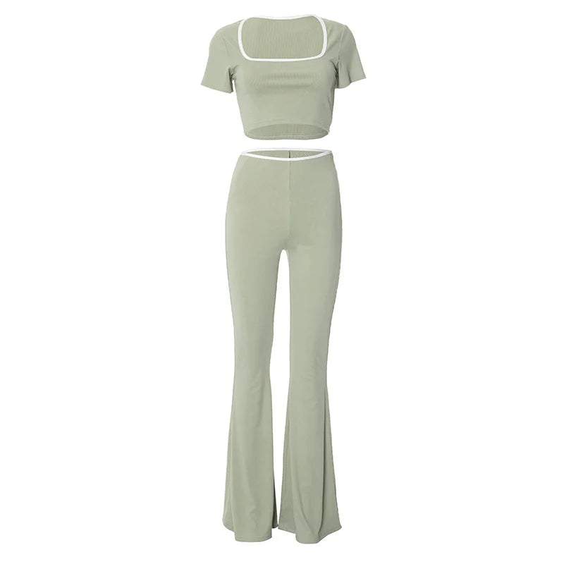 Women's Sexy Slim Set Fashion Short Sleeve Square Collar T Shirt Tops+High Waist Long Pants 2 Piece Sets For Female Streetwear