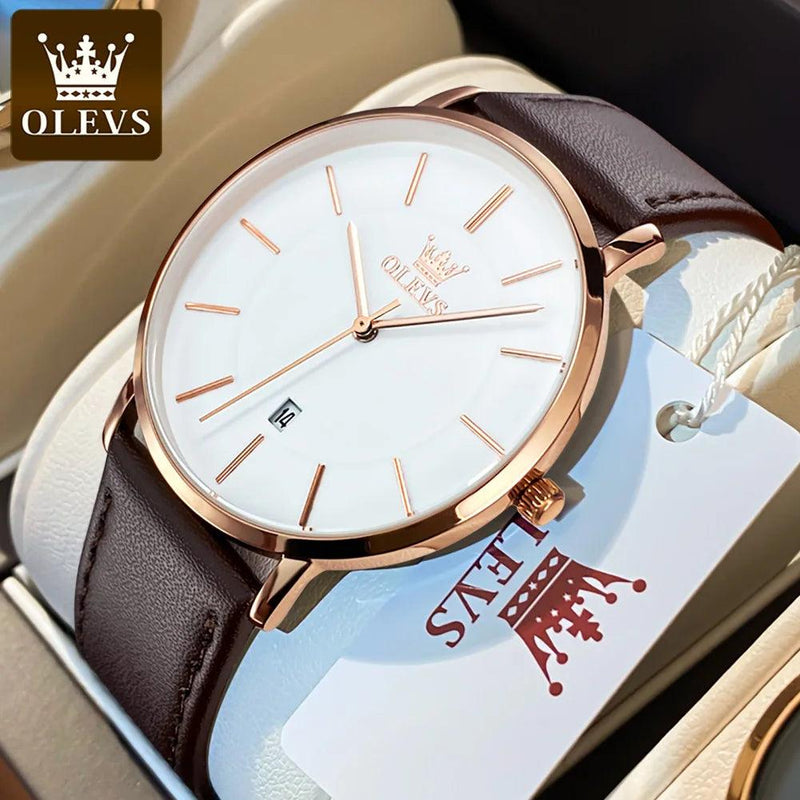 Top Brand OLEVS Ultra Thin 6.5mm Minimalist Fashion Quartz Watch for Men Leather Strap Auto Date Male Waterproof Mens Wristwatch - CRAVO ROSE