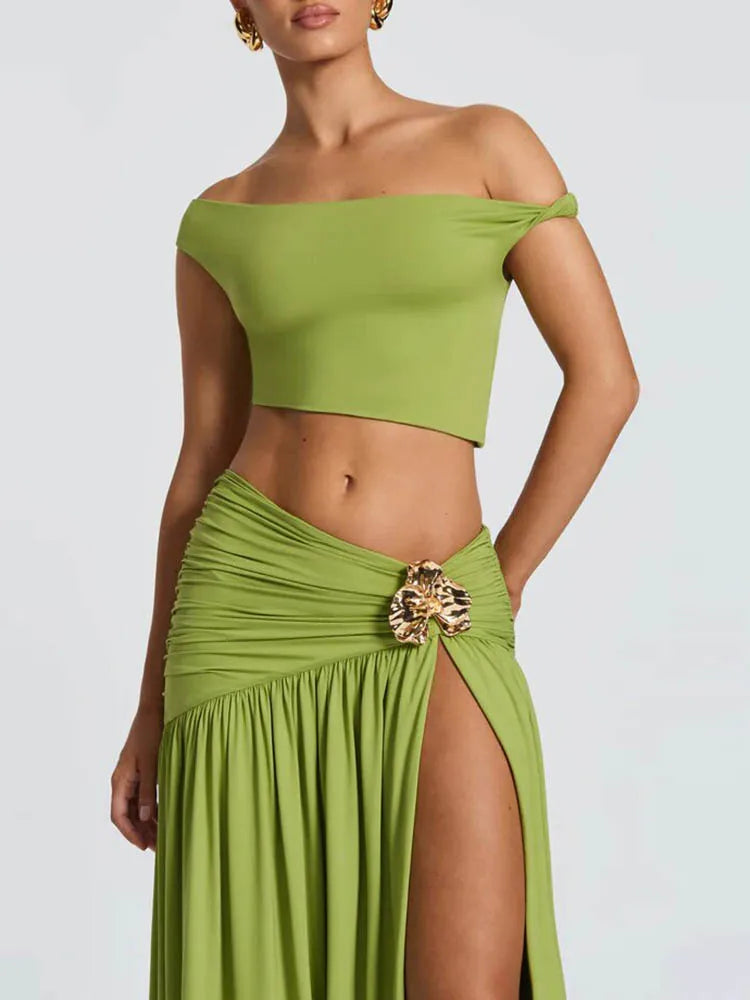 Sibybo Elegant Metal 2 Piece Set Women Partywear Oblique Shoulder Irregular Crop Top Side Slit Ruched Maxi Skirt Matching Outfit