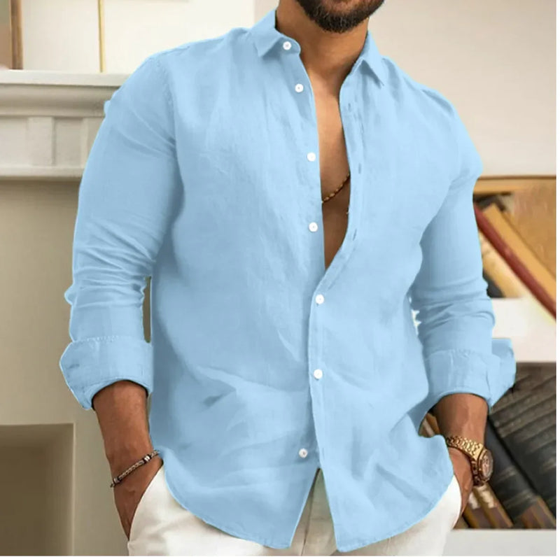 Men's Summer Beach Shirt Linen Button Up Long Sleeve Plain Lapel Spring & Summer Casual Daily Clothing
