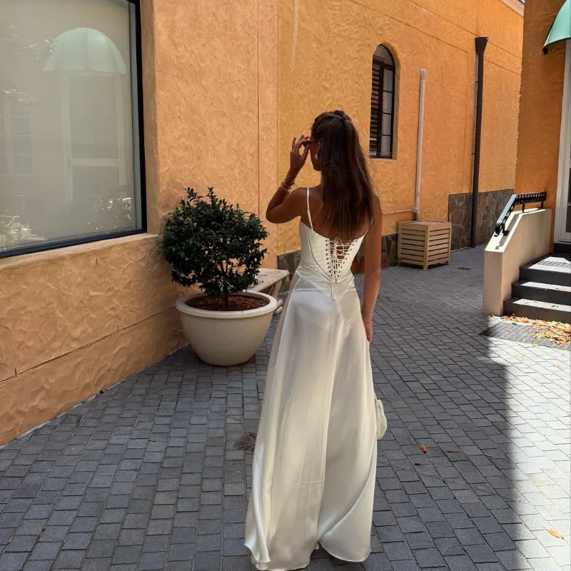 Elegant Lace Up Solid Camisole Maxi Dresses Fashion New Contrasting Cropped Long Gown 2025 New Female Party Beach Evening Robes