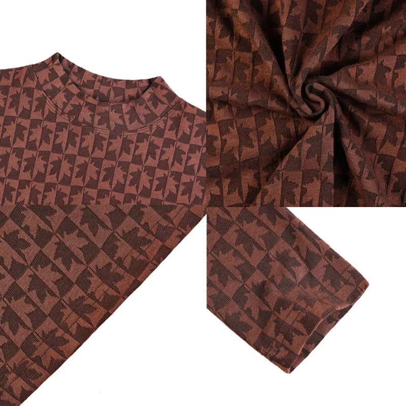 Camiseta elástica estampada de gola alta semi alta para homens, roupas de outono, nova, mangas compridas, jacquard, justa, cor sólida, camiseta slim fit