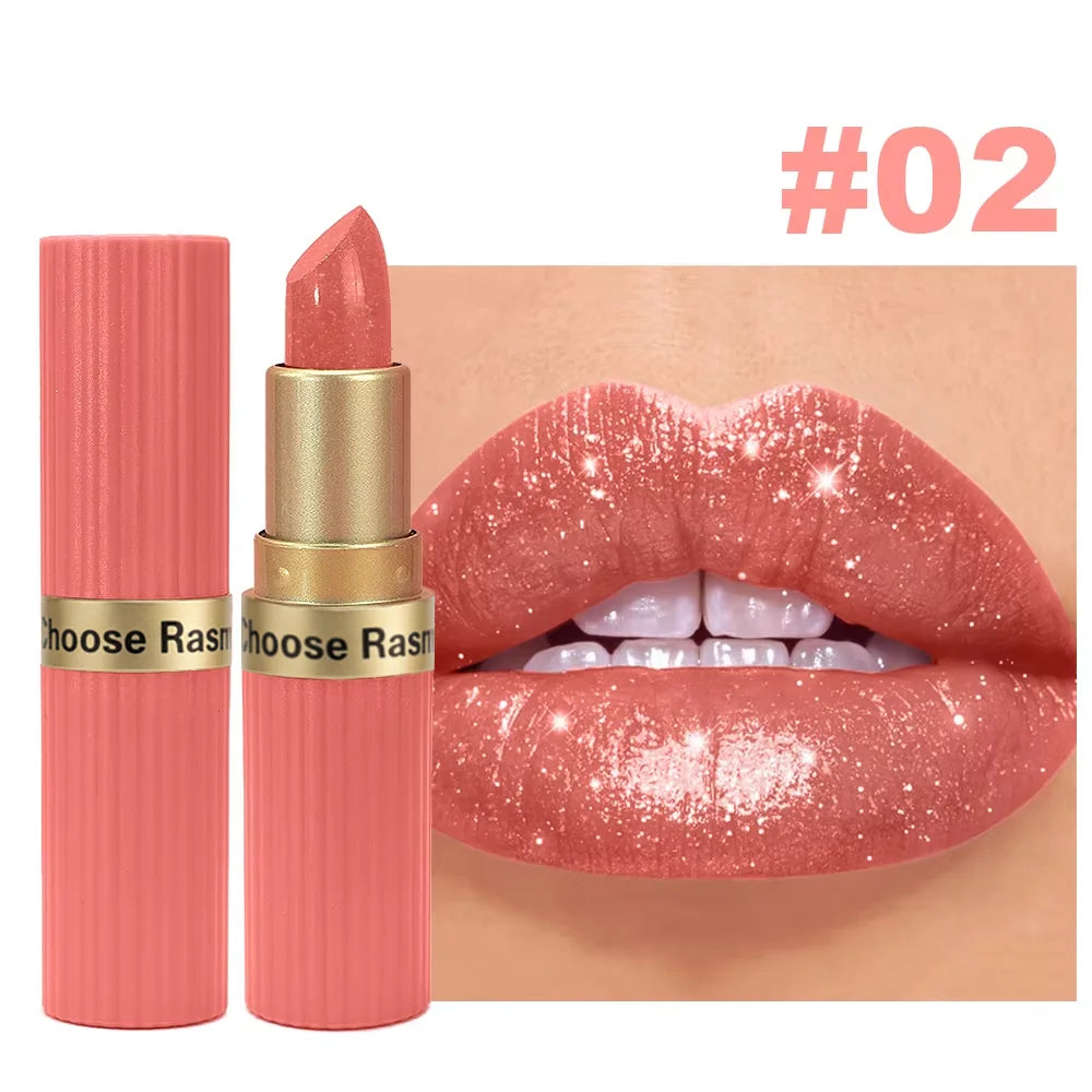 Batom de Veludo com Glitter Rosa Perolado – Metálico, À Prova d'Água, Longa Duração, Acabamento Matte com Brilho Diamante