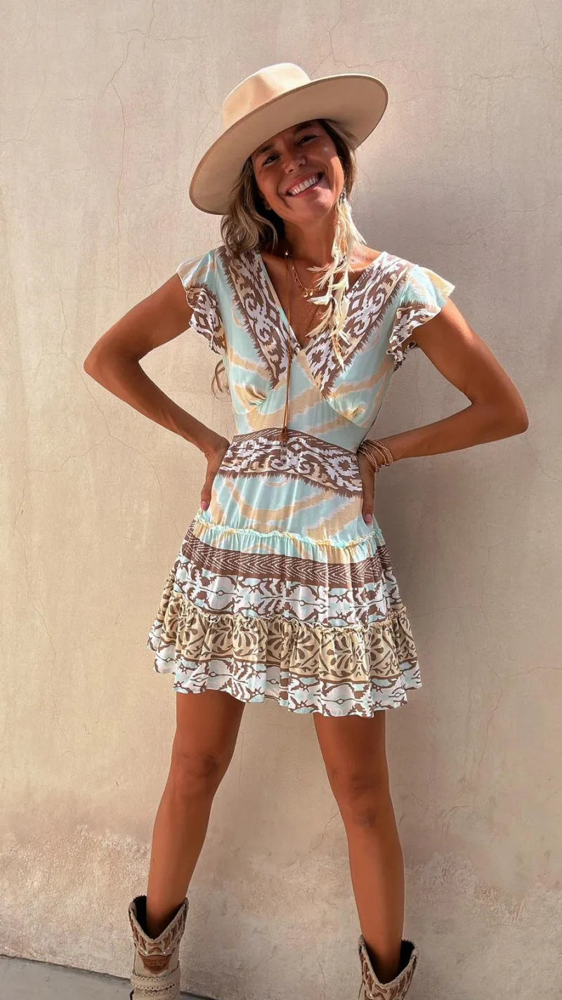 Vestido curto estilo étnico, decote em V, pulôver estampado, mangas voadoras, cintura elástica, saia curta feminina