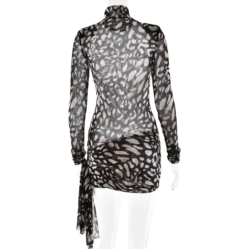 Fantoye Turtleneck Sexy Sheer Print Leopard Bandage Women Dress Long Sleeve Mini Dress Lady Spring Slim Elegant Party Club Dress