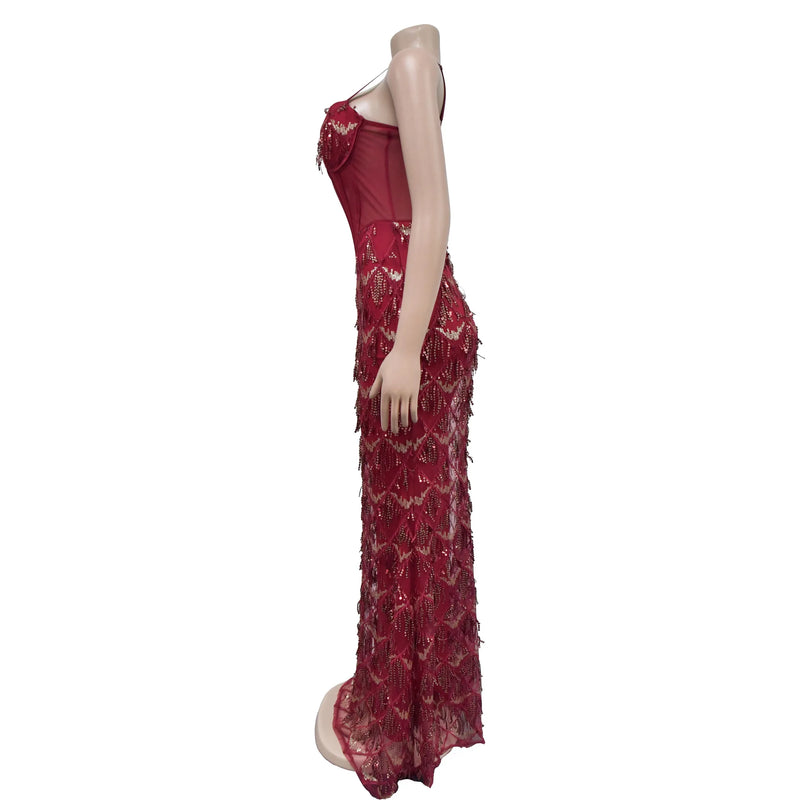 Women Sling Dress Floor Length Dresses Sequin Mesh Party Slim Bodycon Sheath Mesh Drilling Elegant Gown Sexy Vestidos 2024