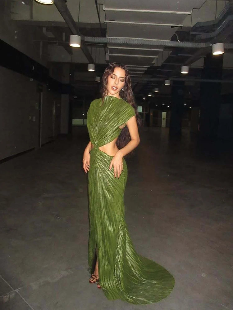 Sumnus Sexy Mermaid Evening Dresses High Neck Pleats Cut-out Side Slit Maxi Formal Dresses Gala robes de soirée Customized