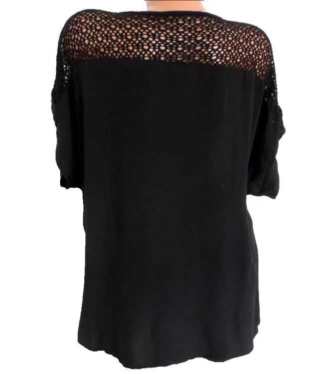 Blusas e tops femininos de manga curta da moda verão, camisa solta de renda branca patchwork 6xl, tops femininos, roupas casuais