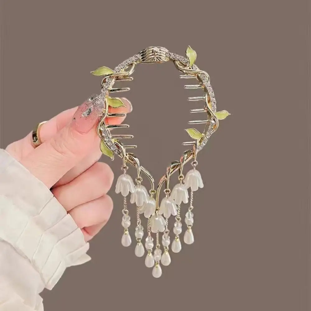 Chinese Style Flower Tassel Hair Bun Buckle High Ponytail Buckle Pearl Chain Pan Hair Claw Clip Fashion Lovely Alloy Headwear