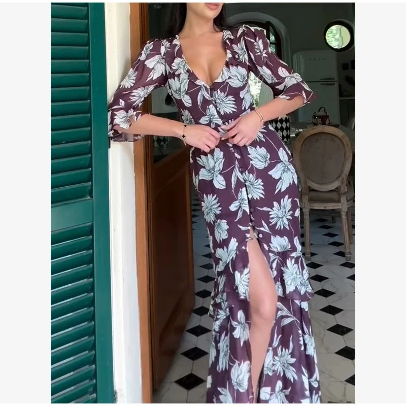 Women White Floral Print Maxi Dress V Neck Puff Sleeve Peplum Waist Fishtail Hem Chiffon Robe Elegant Party Wedding Guest Gown
