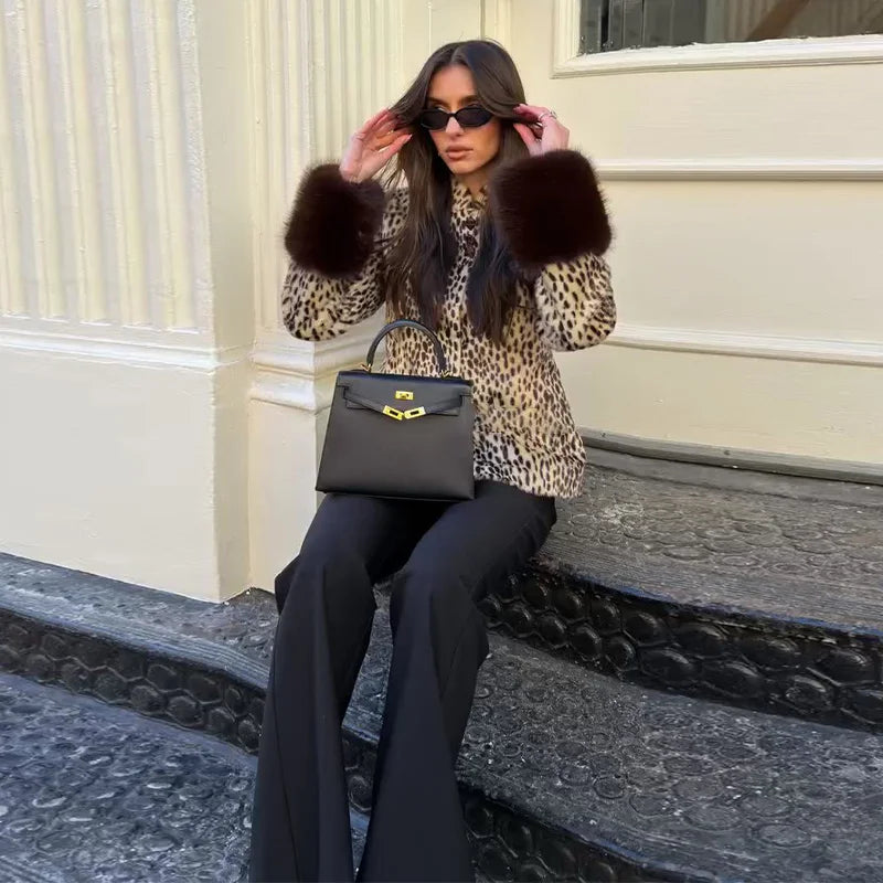 Spring Thin Fur Women's Coat Fashion Leopard Print Full Sleeve Female Jackets 2026 Spring Street New Single Breasted Lady Coats
