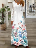 Spring Summer Women's New Fashionable Printed V-neck Sexy Lace Lace Patchwork Single Breasted Long Casual Comfortable Dress