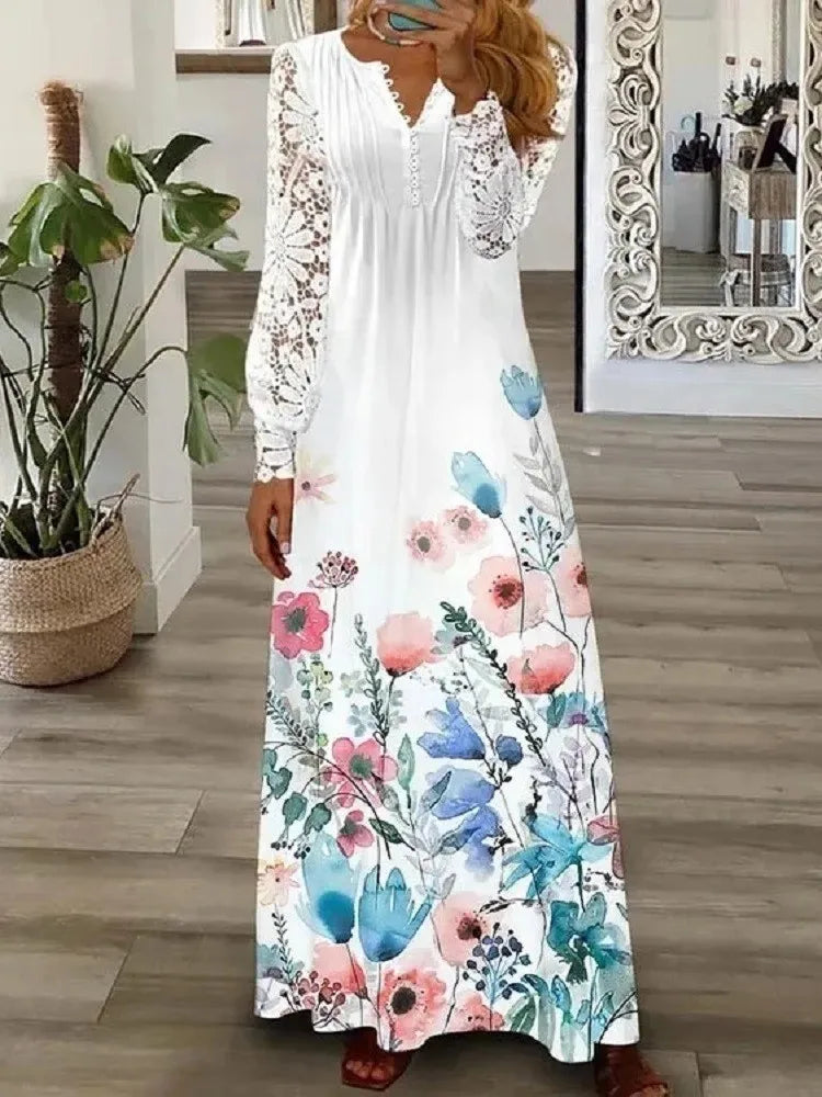 Spring Summer Women's New Fashionable Printed V-neck Sexy Lace Lace Patchwork Single Breasted Long Casual Comfortable Dress