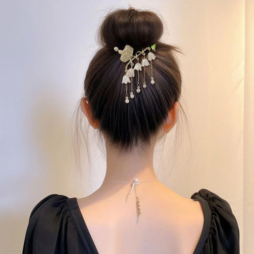 Chinese Style Flower Tassel Hair Bun Buckle High Ponytail Buckle Pearl Chain Pan Hair Claw Clip Fashion Lovely Alloy Headwear