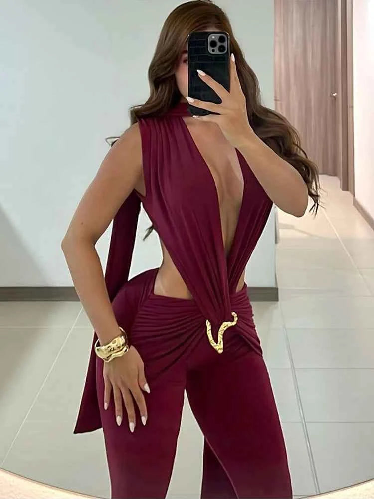 Kliou Sexy Fashion Jumpsuits Woman Deep V-Neck Sleeveless Metal Buckle Ruched Cross Bandage Midnight Prom Party Elegant Overalls