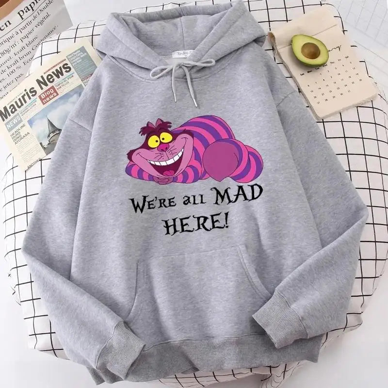 Moletons com capuz Alice no País das Maravilhas, gato de Cheshire, feminino, moletom com capuz, estilo mangá, Harajuku, feminino