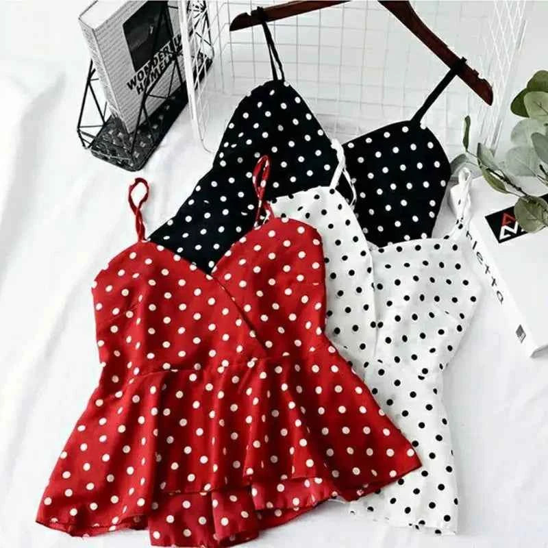 Red Polka Dot Print Chiffon Short V-Neck Sleeveless Sexy Pullover Women's Blouse Shirt Korean Fashion Female Clothing Tops 2024