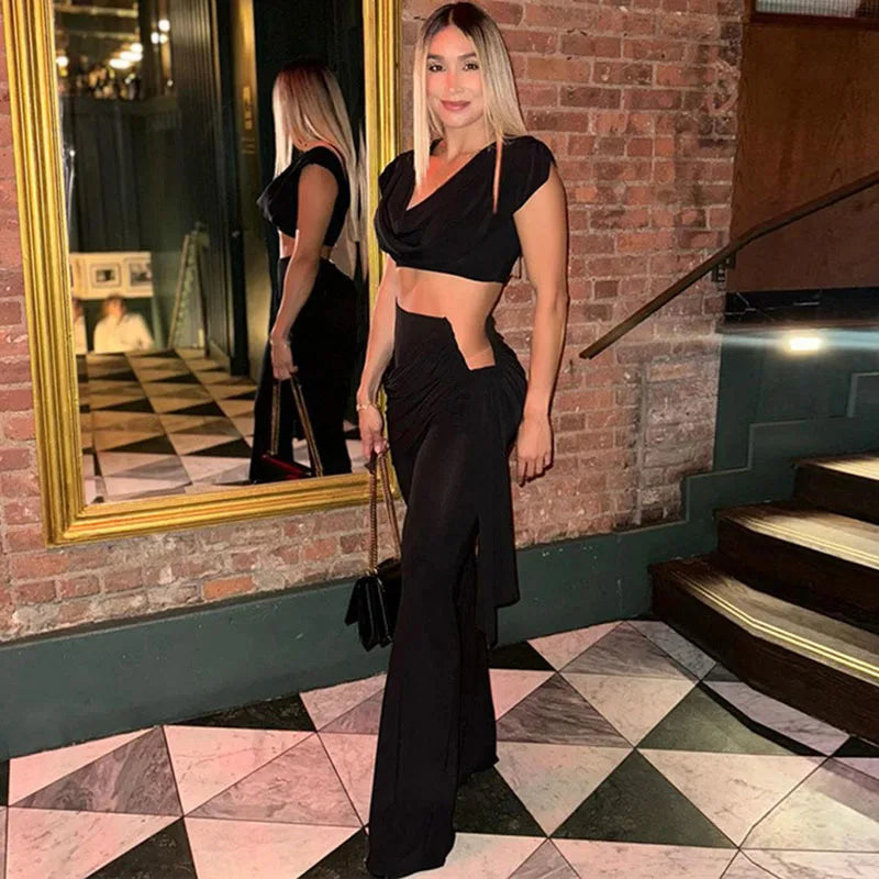 Conjunto de Calças Plissadas Decote em V Umbigo Exposto Sem Mangas Top Curto Slim Fit Calças Abraçando o Quadril