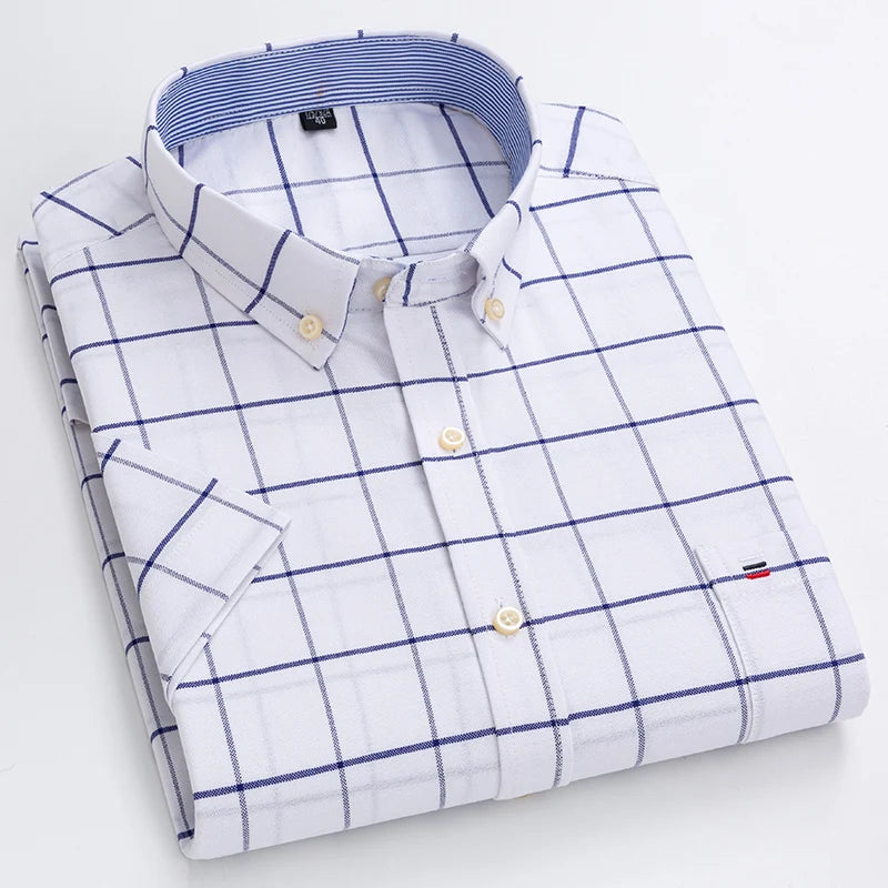 Men's Pure Cotton Oxford Short Sleeve Summer Casual Shirts Comfortable Standard-fit Button-down Plaid Solid Color Cotton Shirt