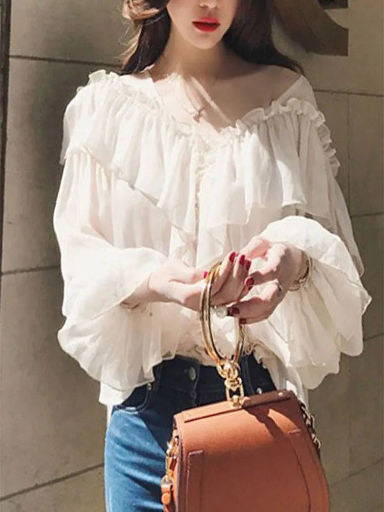 Blusa feminina sexy com decote em V, transparente, estilo boho, de malha, com babados, manga larga, elegante, peplum, com babados, blusa feminina 13459